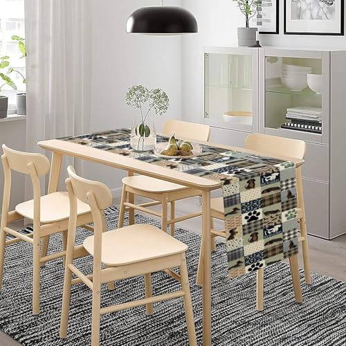 Dachshund Pattern Table Runner - Grey & Blue-Brown Plaid Dog Decor, 13x36in