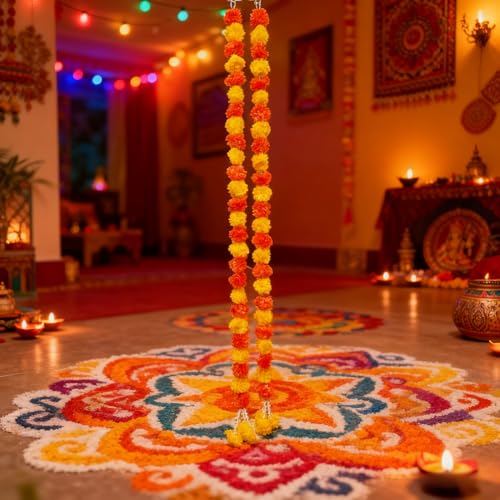 Artificial Marigold Garlands for Diwali & Festival Decorations - 2 Pack 4.9ft Long Flower Strands
