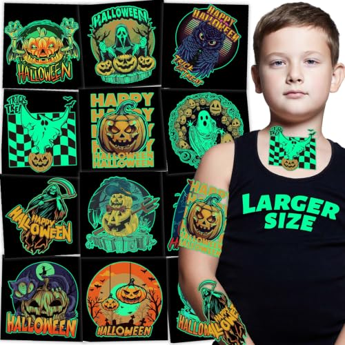 Large Glow in the Dark Halloween Temporary Tattoos for Kids - 100 Pack