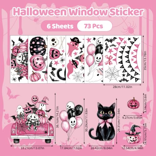 Halloween Window Clings - 73PCS Pink Ghost Pumpkin Bat Reusable Stickers - Halloween-C