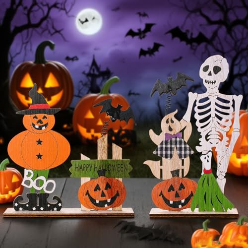 Halloween Wooden Centerpiece Signs Set - Pumpkin & Skull Table Decorations