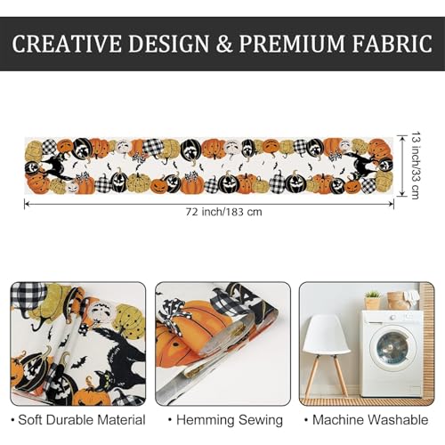Halloween Pumpkin Table Runner 13x72 Inch Black Cat Bat Fall Decor for Dining Table