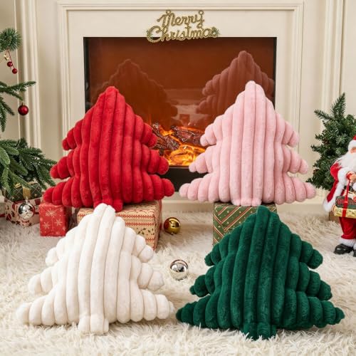 Christmas Tree Pillows Set of 2 - Beige Wide Stripes Xmas Decor 16x18 Inch