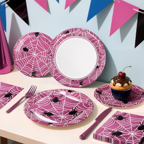 Pink Halloween Party Decorations Set - Spiderweb Plates & Napkins, 75 Pcs - Variation of Pink