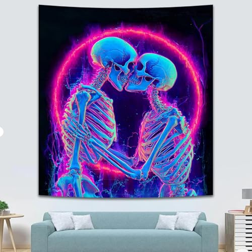 UV Reactive Skull Tapestry - Kissing Lovers Neon Wall Hanging 59" x 51"