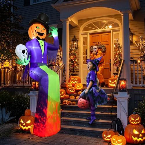 10FT Sitting Halloween Inflatable Pumpkin with Flame Light for Roof Decor - Outdoor Yard Decoration