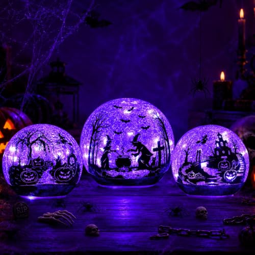 Halloween Glass Ball Decor Set - 3 Pack Purple LED Globes with Timer - Witch, Pumpkin & Bat Scenes