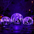 Halloween Glass Ball Decor Set - 3 Pack Purple LED Globes with Timer - Witch, Pumpkin & Bat Scenes