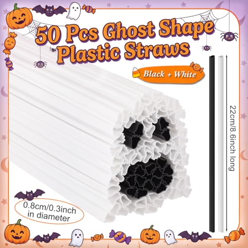 Halloween Ghost Shaped Plastic Drinking Straws - White & Black, 50 Pack