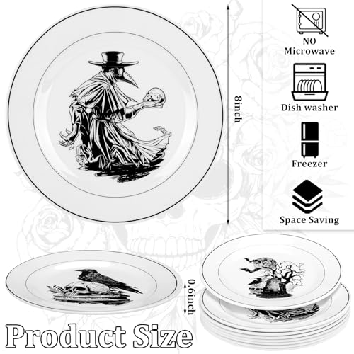 Halloween Dinnerware Set - Vintage 8-Piece Classic Halloween Plates & Serving Dishes - Black & White, Skull & Spider Web Designs - Includes Classic Variation