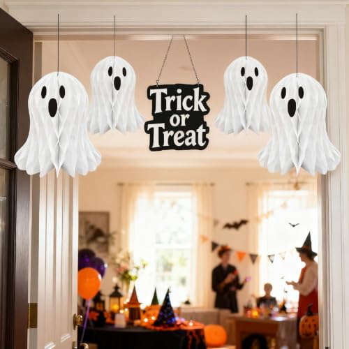 Halloween Hanging Ghost Decorations Set - White Honeycomb Paper Ornaments for Home & Party