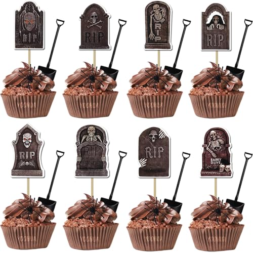 Halloween Cupcake Toppers Set with Tombstones Spiders and Mini Spoons - 96 pcs