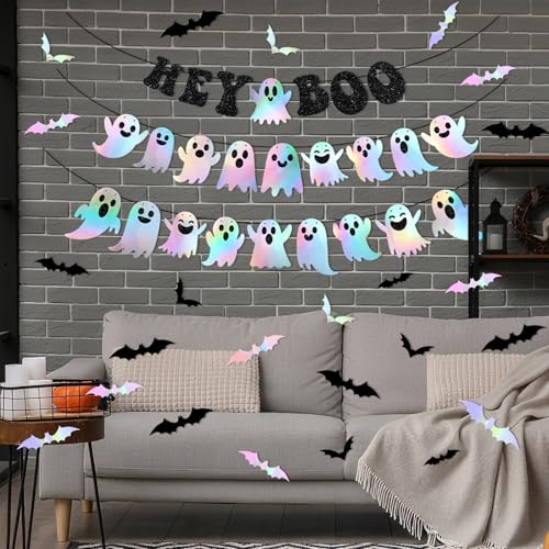 Halloween Iridescent Banner Set with Ghost & Bat Decorations - Black Glitter Hey Boo