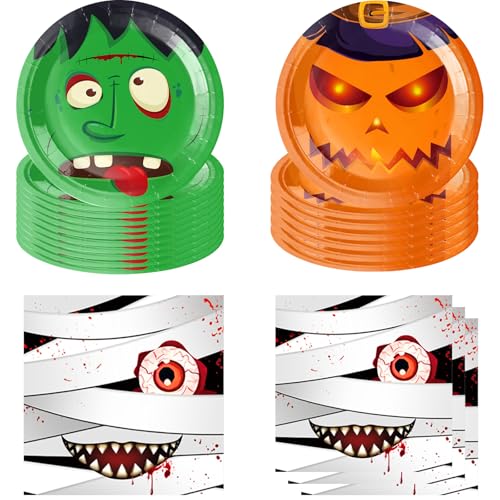 Halloween Party Plates Set - Disposable Pumpkin Monster Vampire Bat Tableware