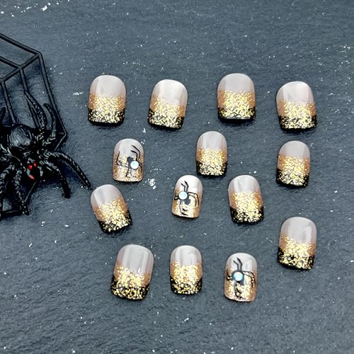 Relief Spider Gem Halloween Glitter French Tip Press-On Nails - Short Square False Nails with Embossed Spider Charm - 24pcs