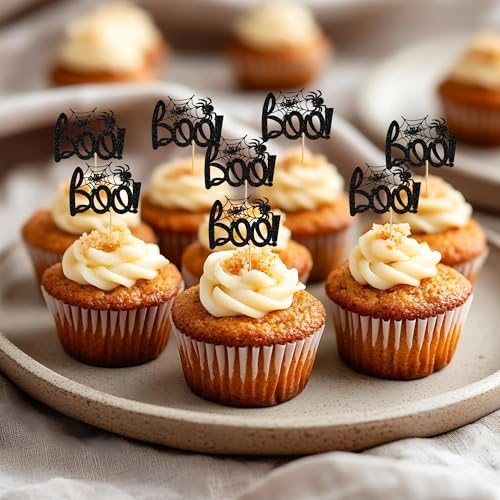 Halloween Boo Cupcake Toppers Glitter Spider Web Bat Cake Decorations - Style 4 Black