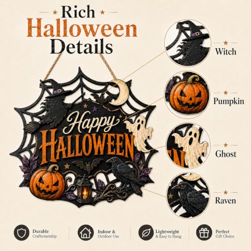 Wooden Halloween Wreath for Front Door Indoor Outdoor Decor - Pumpkin Ghost Witch Design