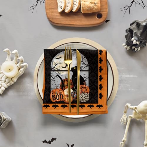 Halloween Tablecloth 60x60 Inch Round Pumpkin Moon Cat Trees - Black & Orange