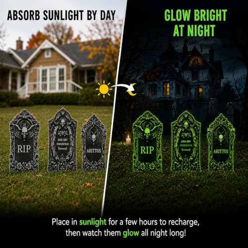 Glow-in-Dark Halloween Tombstone Decorations Outdoor Set with Stakes
