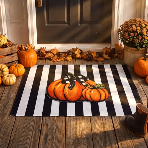 Fall Doormat Set with Pumpkin & Striped Welcome Mats - Outdoor Porch Decor