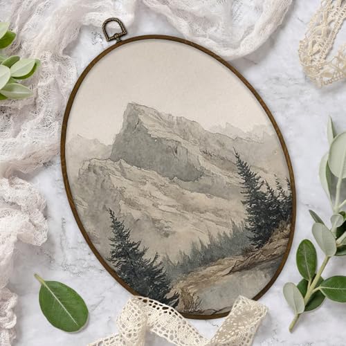 Oval Mountain Landscape Wall Art - Forest Lake Canvas Print, 11.3 x 8.7 Inches