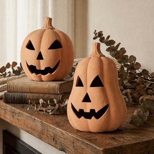 Set of 2 Handmade Terracotta Jack O'Lantern Halloween Decorations
