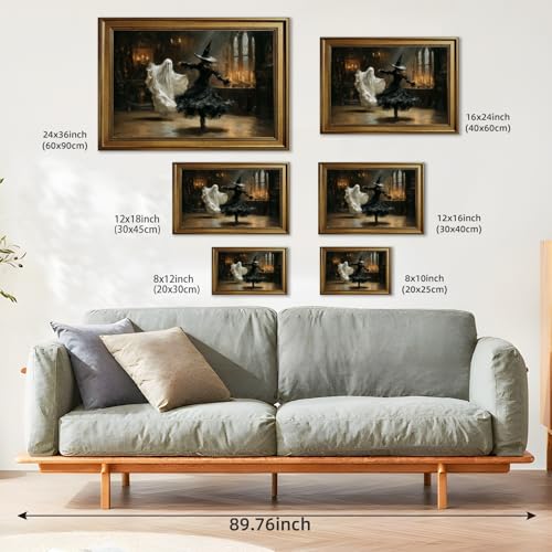 Vintage Halloween Wall Art Canvas Print Ghost and Witch with Gold Frame - 8x10 Inch Style-2