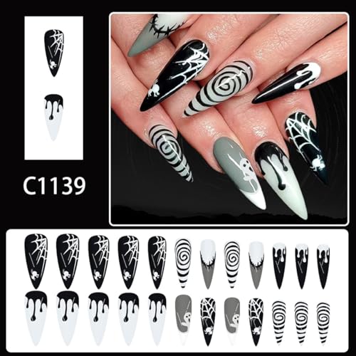 Halloween Press On Nails Long Stiletto Fake Nails with Designs - Spider Web & Ghost Style D24