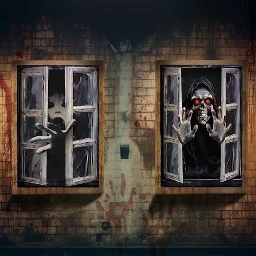 Halloween Window Cover Poster Ghost & Skull - Spooky Ghost Curtain Decoration - 2 Pack