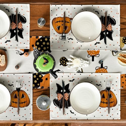 Artoid Mode Beige Cat Ghost Halloween Placemats Set of 4 - 12 x 18 Inch Rectangular