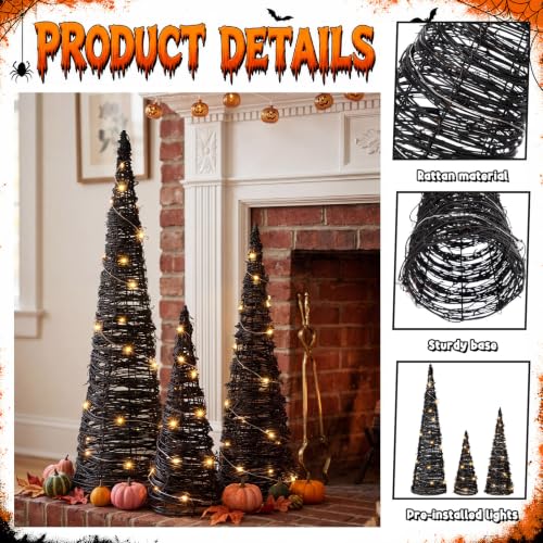 Halloween Rattan Cone Trees Set - Lighted Black Decor for Haunted House, 24/16/12 Inch - Variation: Black / Halloween