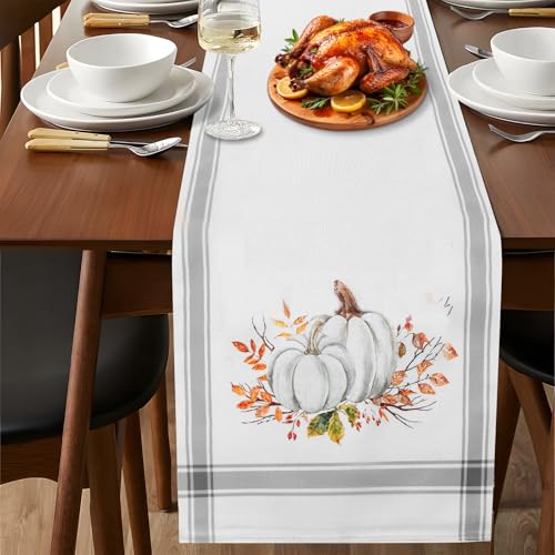 Fall Cotton Linen Table Runner with Pumpkins & Leaves - White-1