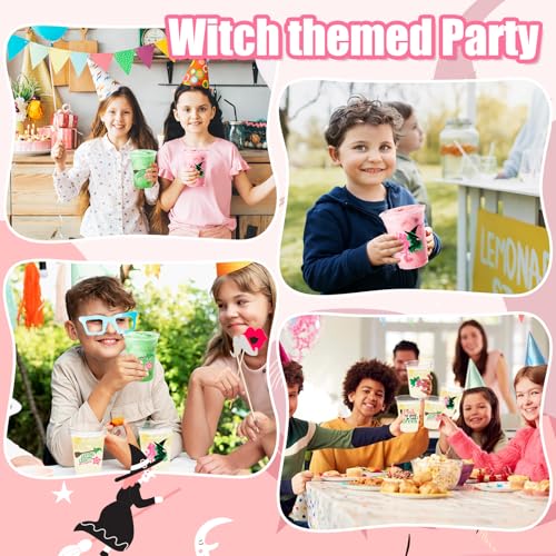 Pink Green Witch Theme Plastic Cups 12oz - 100pcs Disposable Party Drinkware