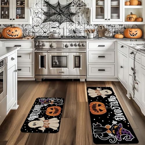 Halloween Kitchen Rugs Set with Non-Slip Mat and Mouse Pad - Ghost & Black Cat Design