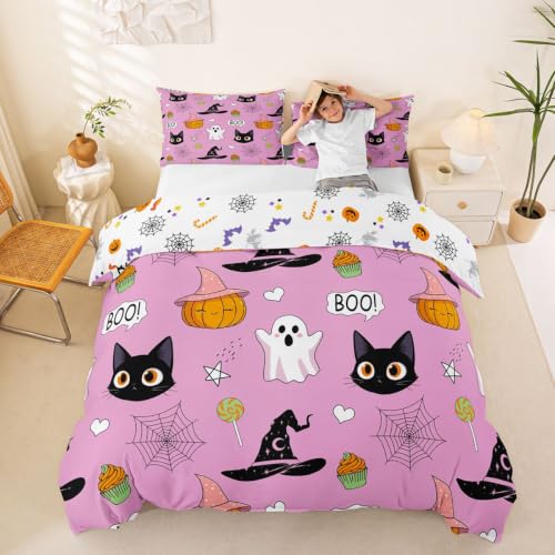 Multi 10 Pink Duvet Cover Set with Witch Hat & Spider Web Halloween Design - Full Size, No Comforter