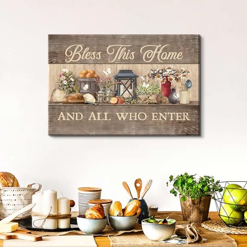 Bless This Home Farmhouse Wall Art Sign - Rustic Kitchen Decor 16x24 Inches
