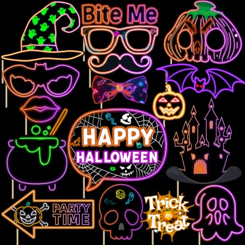 Neon Halloween Photo Booth Props Set - 16 Vivid Neon Party Decorations