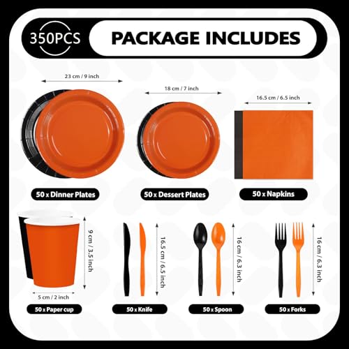 350Pcs Orange and Black Party Supplies Set for 50 Guests | Disposable Tableware Kit