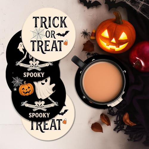 Halloween Ceramic Coasters Set of 6 with Skeleton Ghost Pumpkin Variation