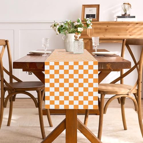 Orange White Checkered Table Runner - Fall Thanksgiving Wedding Decor 13 x 72