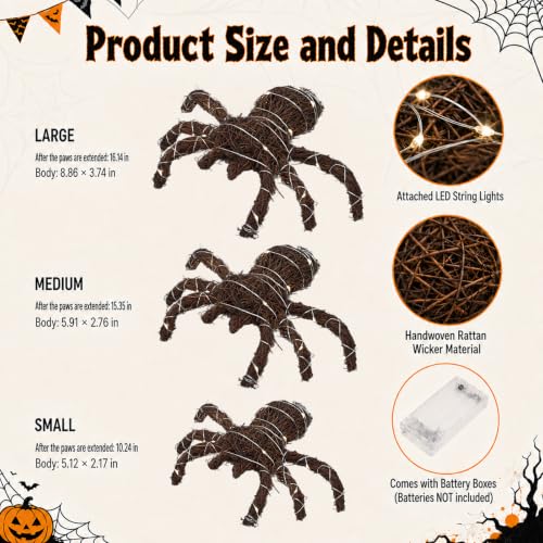 Fake Spider Decor Set with Rattan Woven Legs & String Lights - Halloween Props, 3 Sizes