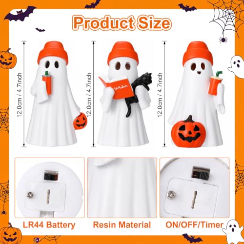 Eaasty 3 Pack Halloween Light Up Ghost Figurines with Orange Hats - Indoor Decor