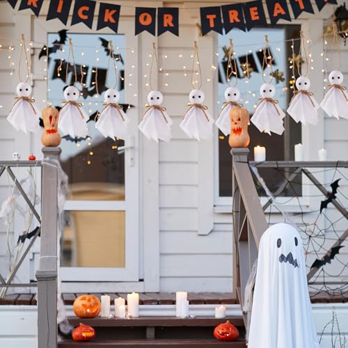 12 Pack Halloween Hanging Ghost Ornaments - 4 Inch Rustic Yard Decor for Haunted House & Party
