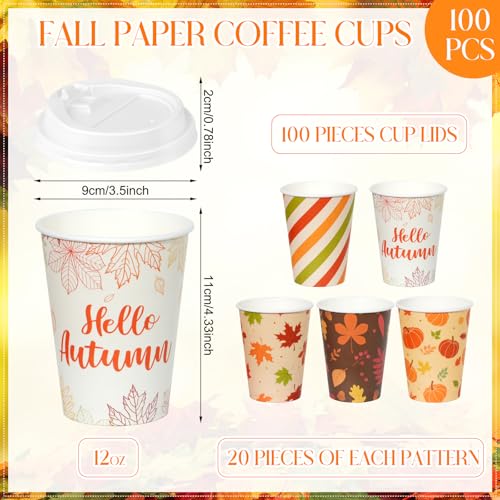 100pcs Fall Coffee Cups with Lids 12oz Disposable Pumpkin Maple Leaves Set - Thanksgiving Party Supplies