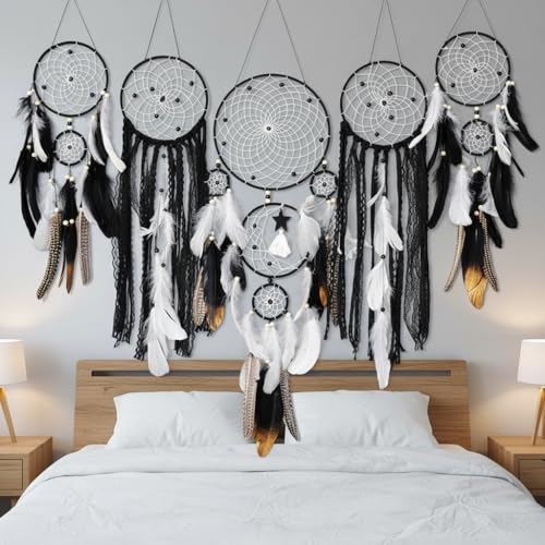 Black 5 Pack Dream Catchers Boho Wall Decor Moon Sun Set - Handcrafted
