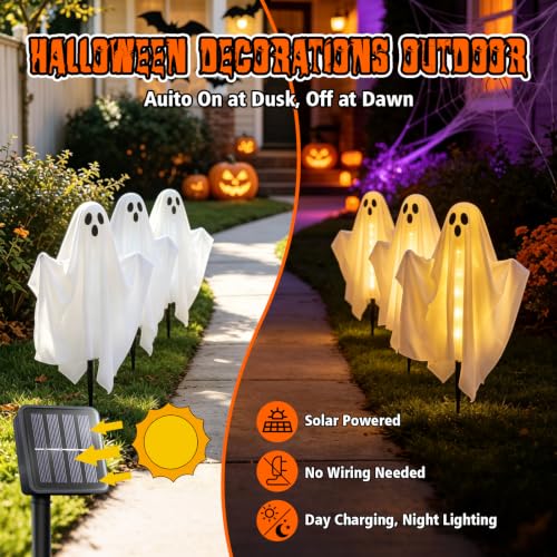 Halloween Ghost Lights Outdoor Solar Set 3 Pack Warm White Ghost Decor - Flexible Arms