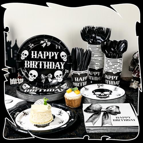 Gothic Halloween Birthday Party Tableware Set - Skeletons & Bows, 210 Pieces