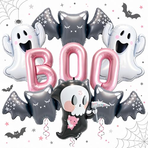 Pink Boo Halloween Balloons Set - Foil Ghost Bat Decor for Party & Yard