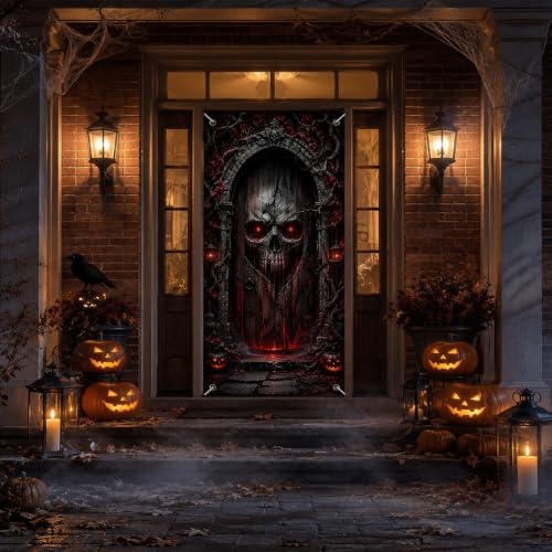 Halloween Glowing Skull Door Cover - Dark Gothic Gate Decoration 35x71 Inch