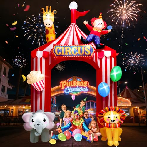 10FT Circus Party Inflatable Arch Outdoor Decoration with LED Lights - Red & White Tent Design, Animal Motifs, Easy Setup